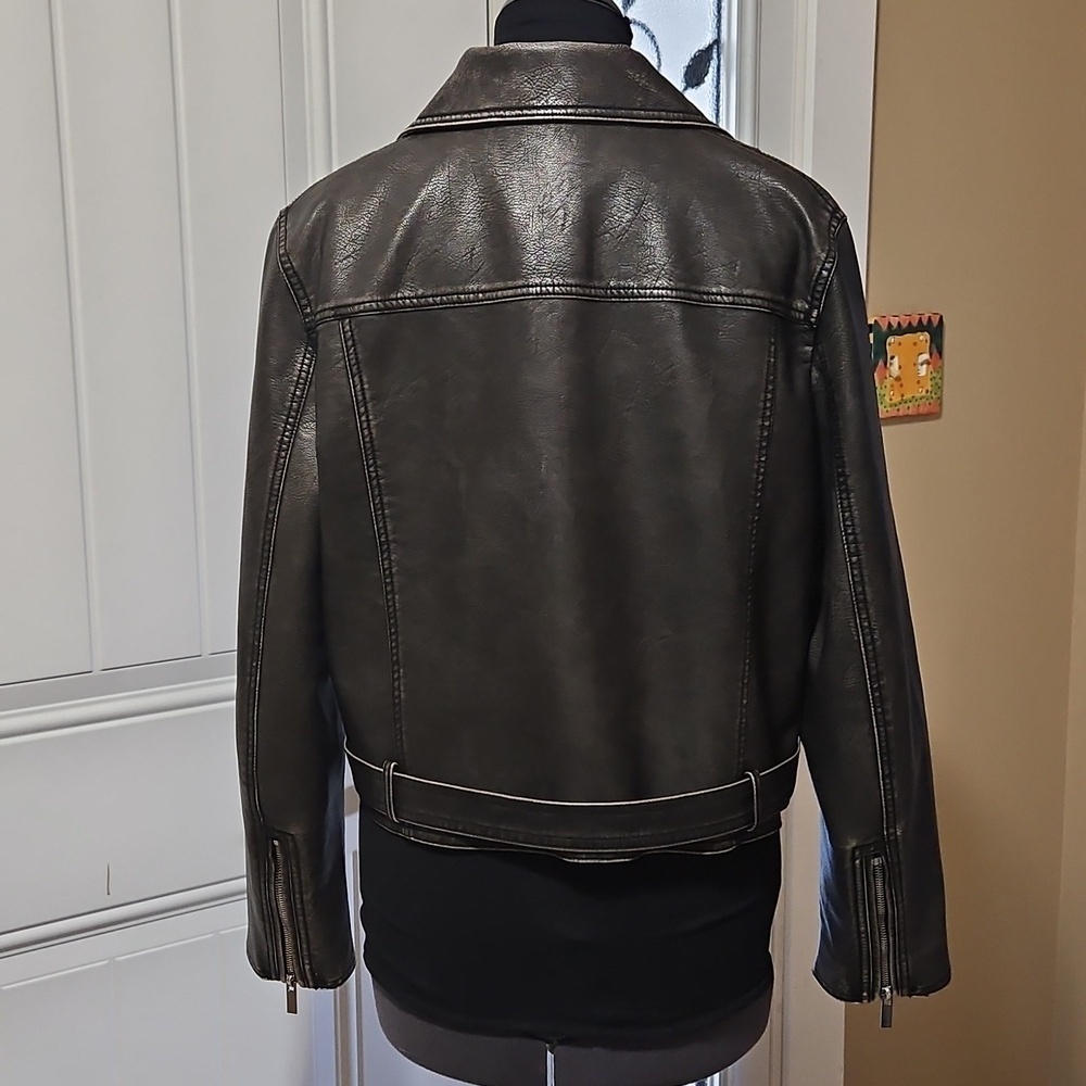 Zara Faux Leather Charcoal Grey Worn Effect Moto Jacket Size L - Picture 4 of 16
